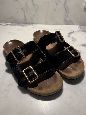 Prada Black Velvet Two-Band Flat Slide Sandals